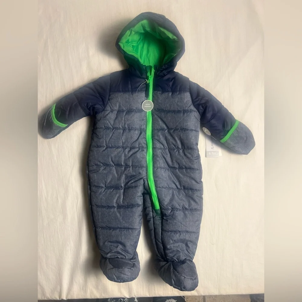 NWT Carters Infant Blue & Gray Pram/Snowsuit w/Hood, 6/9 Mos, Hideaway Mittens